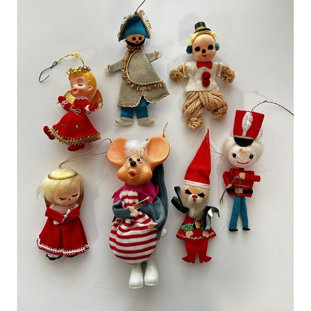 Vintage Kitsch MCM Christmas Ornaments Felt Flocked Mouse Santa Angel JAPAN Lot